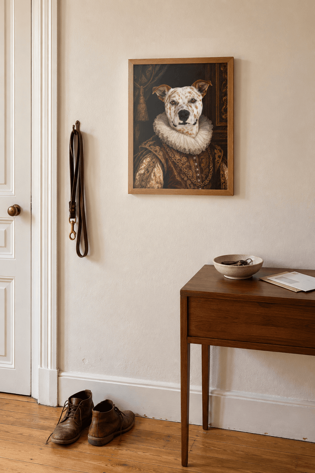 Un portrait encadré accroché dans une entrée